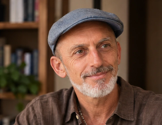 Retrato de Claudio Zacchino com boina, em frente a uma estante de livros
